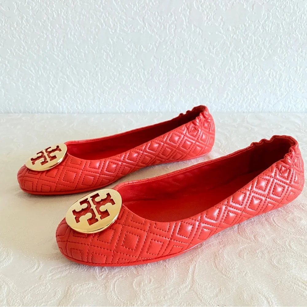 TORY BURCH Coral Minnie embellished quilted leather ballet flats
